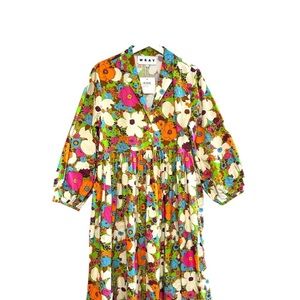 Wray NYC M QUINN DRESS ACID FLORAL midi retro print empire waist balloon sleeve
